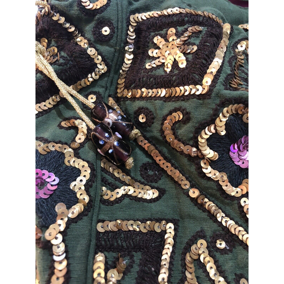 NWOT Phyllis Leibowitz Sequin Boho Small Drawstring Bag Green Gold $349 a26 - Picture 5 of 7